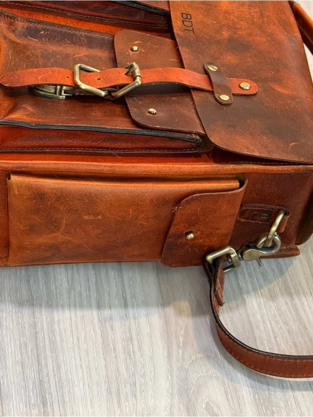 Kalating London Plane Leather Briefcase Burnt Orange Satchel Bag with pockets